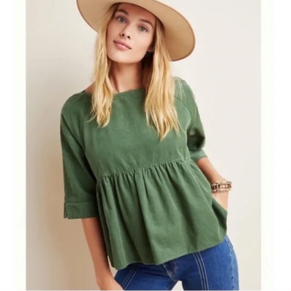 Maeve Anthropologie Shirt Women Large Green Maria Corduroy Peplum Flounce Button